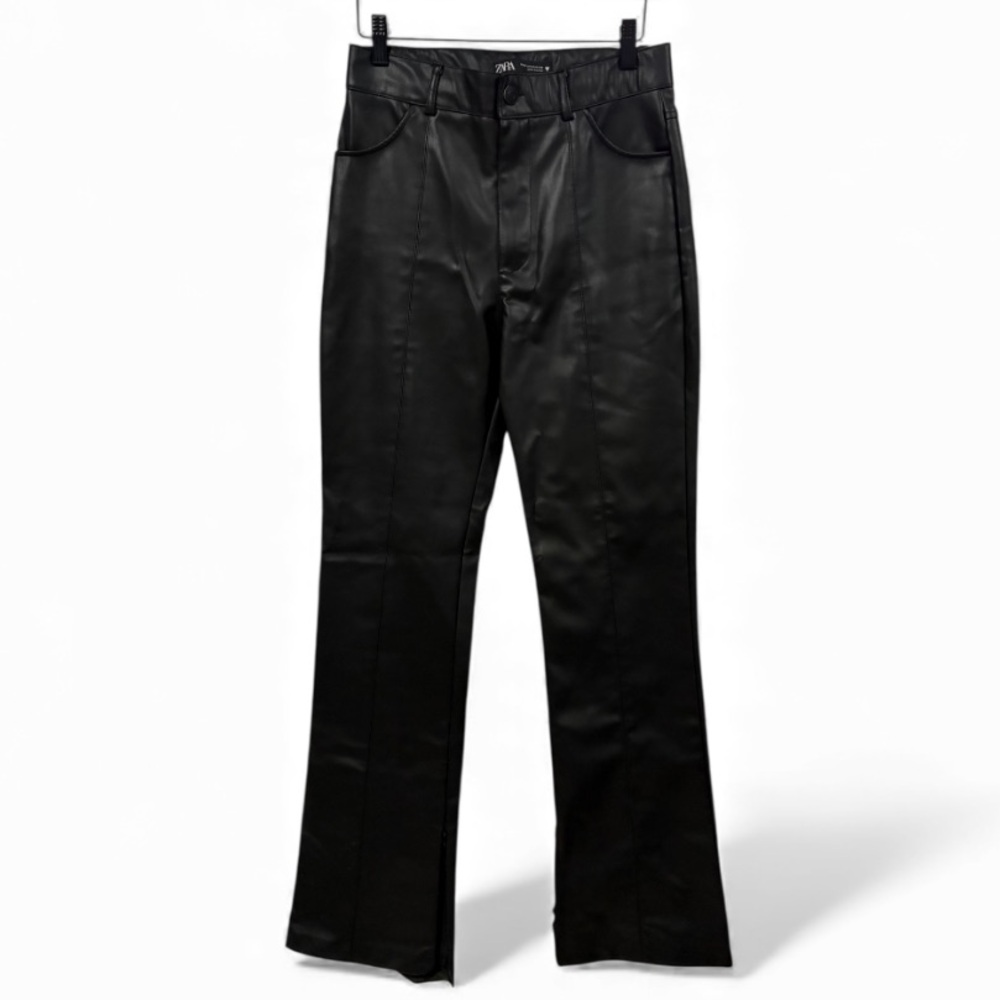 Zara Faux Leather Pants Black High Rise Flare Seam Front Size‎ M Ankle Zip